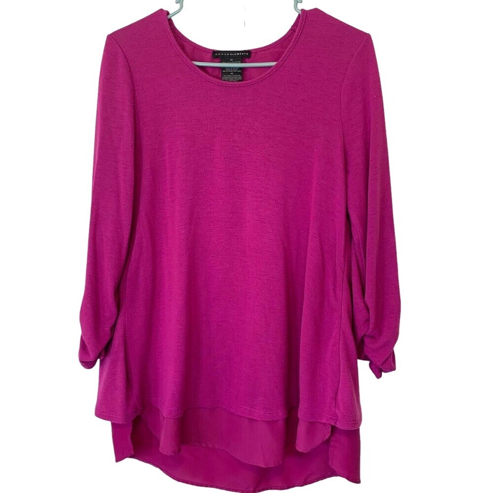 Grace Elements Knit Pullover Open Back Reveals Underlay Lining Ruching Sleeves M